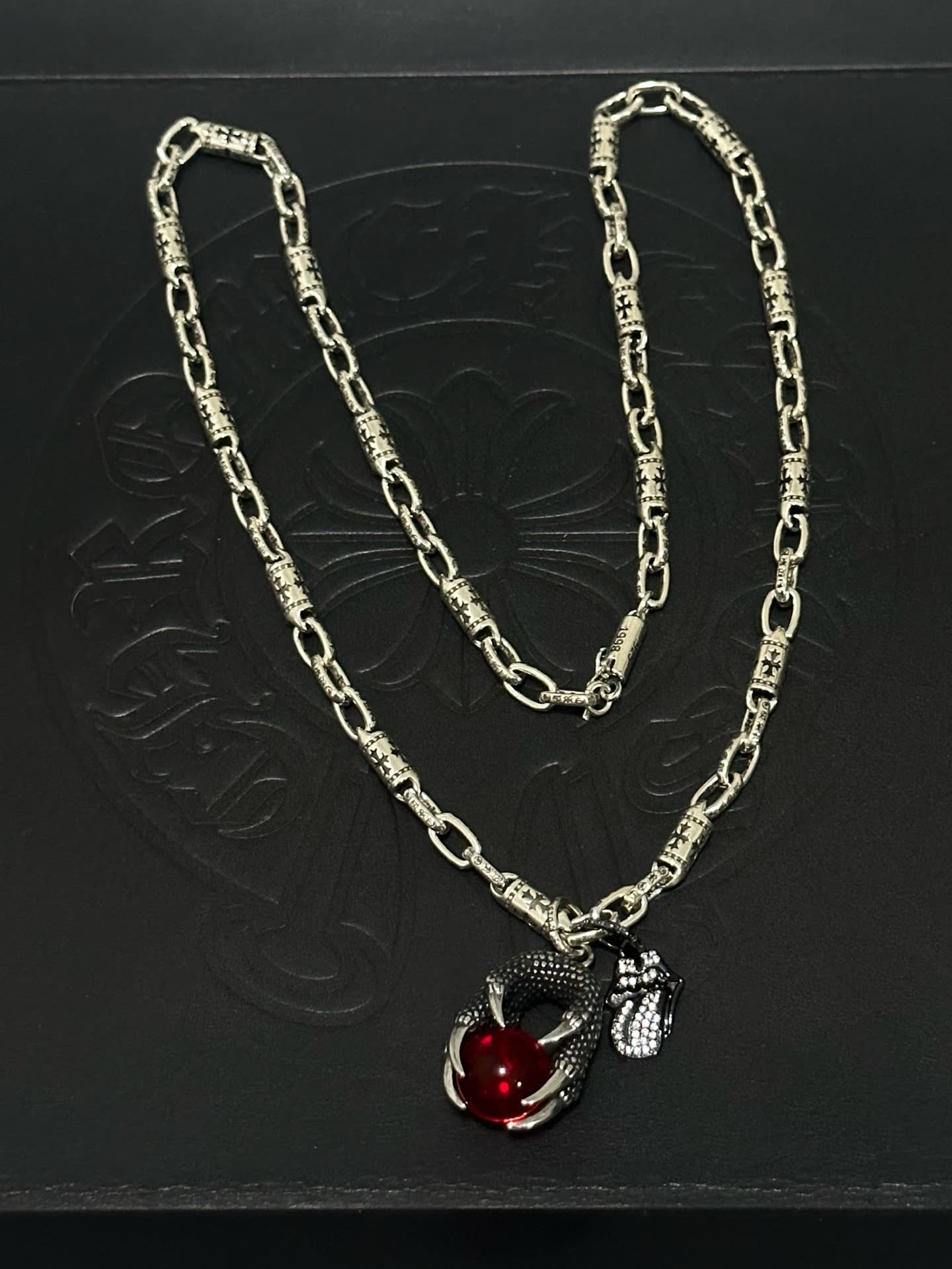 Chrome Hearts Silver Dragon Claw Necklace with Red Gemstone